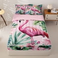 thumbnail image 1 of jejeloiu Soft Flamingo Flowers Zipper Twin Comforter Sets with Fitted Sheet and 2 Pillowcases Kids,Tropical Botanical Leaves Zipper Bedding Set For Girls,Reversible,4-Piece, 1 of 7