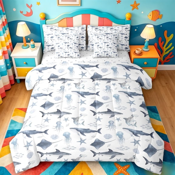 jejeloiu Soft Ocean Animal 7-Piece Twin Bedding,Whale Shark Pattern Bedding Comforter Set For Boys,White Blue,Reversible