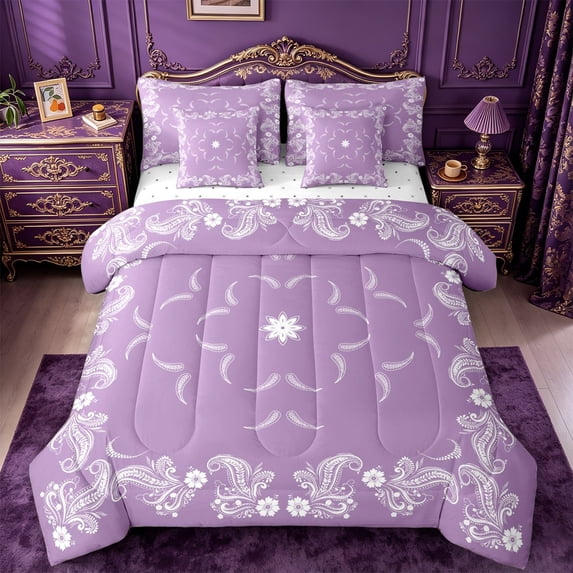 jejeloiu Soft Paisley 7pcs Queen Bedding,Delicate Pattern Bedding Comforter Set Queen For Adults,Purple White,Reversible