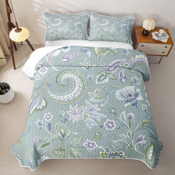 jejeloiu Soft Paisley Quilt King,Floral Print King Coverlet Set For Adults,Sage Purple,3pcs