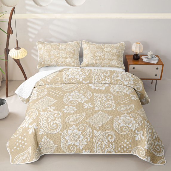 jejeloiu Soft Paisley Twin Quilt Set For Men Women,Light Print Twin Coverlet Set,Beige White,2-Piece