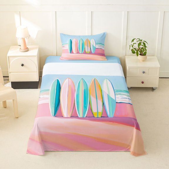 jejeloiu Soft Pastel Surfboard Twin Sheets For Girls,Beach Wave Print Bedding,Pink Blue,3pcs,1 Fitted Sheet and 1 Pillowcase