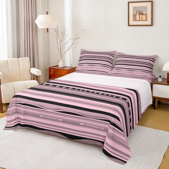 jejeloiu Soft Striped Queen Sheets For Men Women,Muted Aztec Queen Sheet Sets,Pink Black,4pcs,1 Flat Sheet, 1 Fitted Sheet and 2 Pillowcases