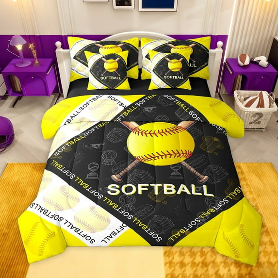 jejeloiu Softball Game Gaming 7 Pieces Bedding Comforter Set,Ball Sport Theme Full Bedding Set For Boys Teens Reversible