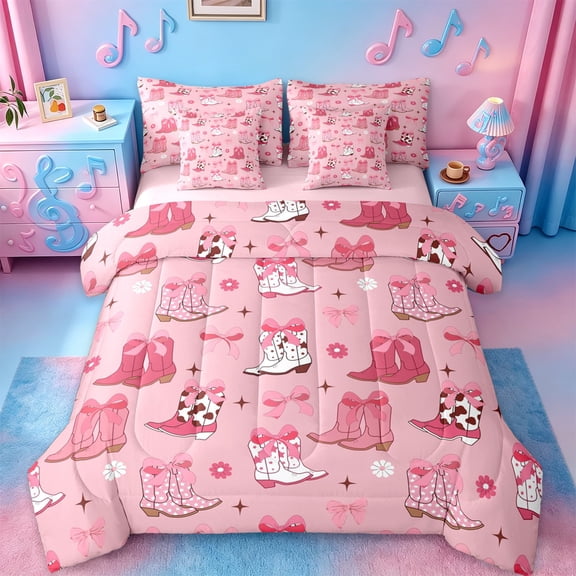 jejeloiu Sourthwest Cowgirls Boots Twin Bedding Sets 7-Piece,Kawaii Bow Bowknot Bedding Comforter Set,Rustic Flower Floral Sheet Sets For Child,Super Cozy Room Decor Reversible