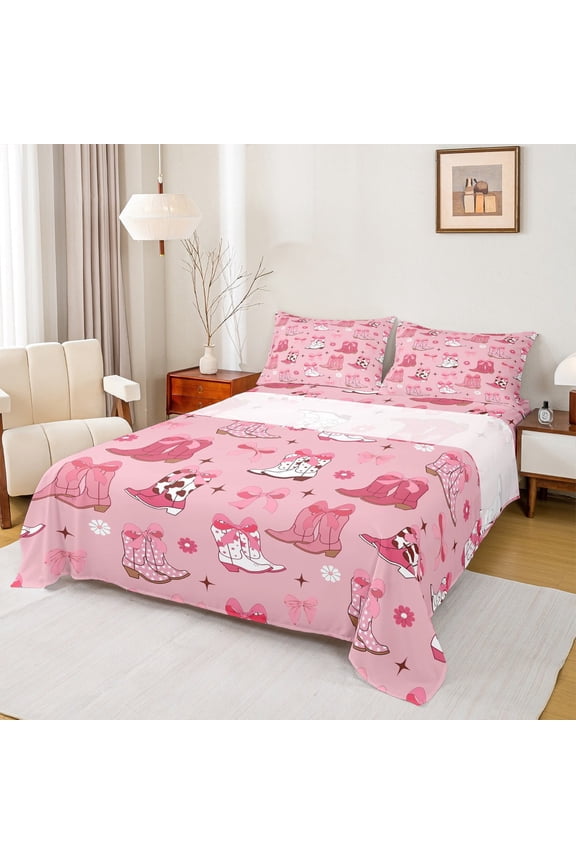 Sourthwest Cowgirls Boots Twin Sheet Sets,Kawaii Bow Bowknot Twin Fitted Sheet,Rustic Flower Floral Flat Sheet For Child,Super Cozy Room Decor,3 Pieces