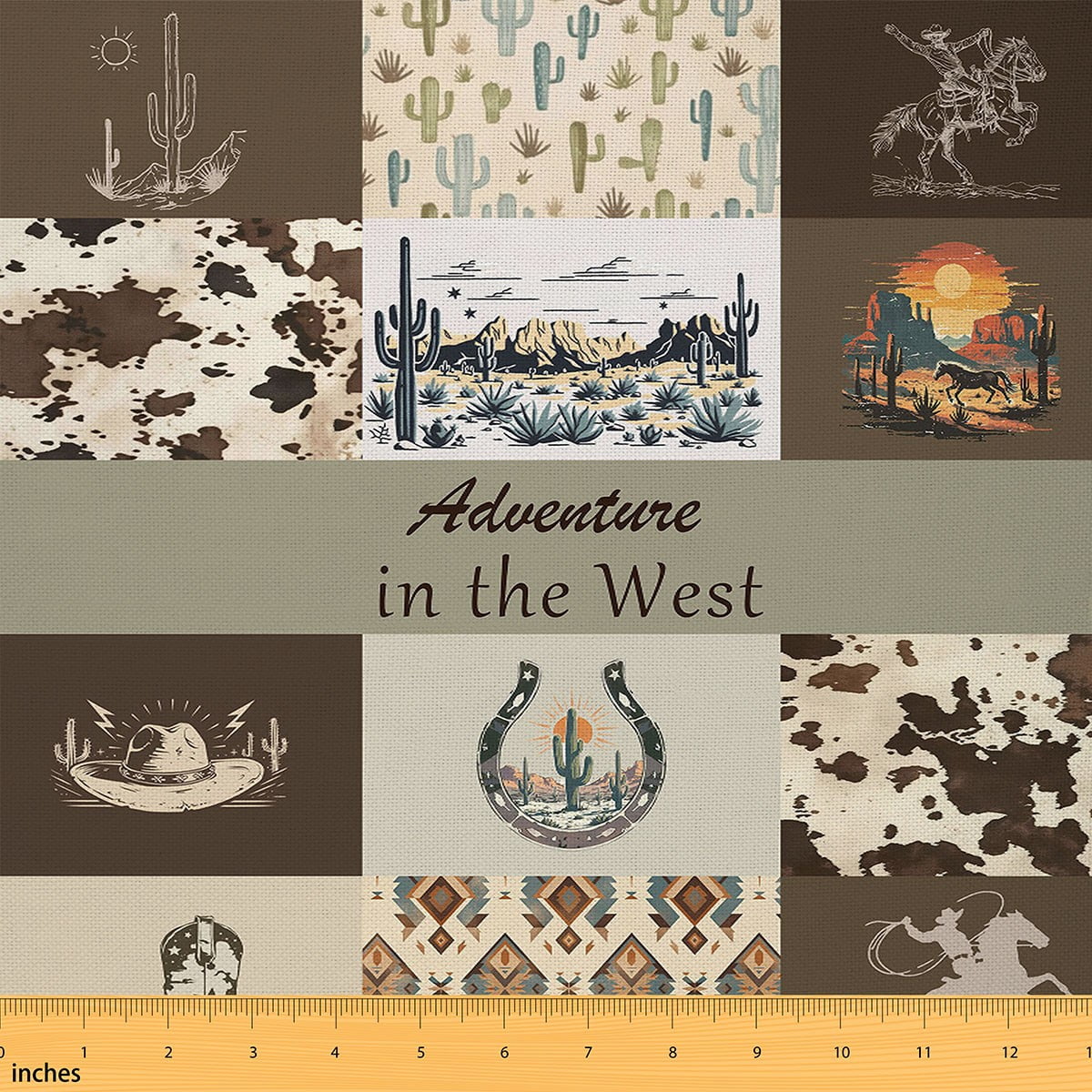 jejeloiu Southwest Cowboy Hat Fabric by the Yard 10 Yards,Bintage Cowhide Horseshoe Room Decor Fabric by the Yard,Tropical Desert Cactus Sewing Fabric For Men Women,Super Cozy Room Decor