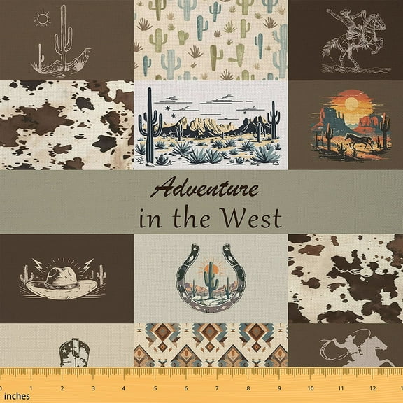 jejeloiu Southwest Cowboy Hat Fabric by the Yard 2 Yards,Bintage Cowhide Horseshoe Room Decor Fabric by the Yard,Tropical Desert Cactus Fabric for Sewing For Men Women,Super Cozy Room Decor