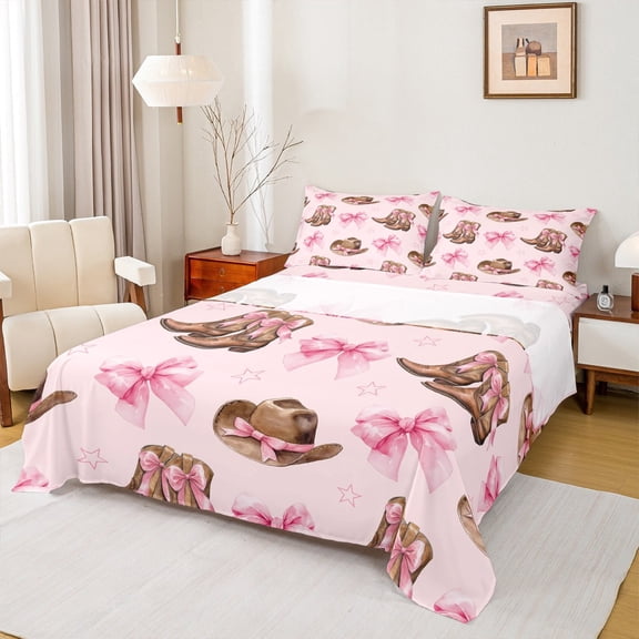 jejeloiu Southwest Cowgirl Boot Full Size Sheets,Pink Bowknot Bowtie Bed Sheets,Rustic Farmhouse Cabin Sheet Sets,Super Cozy Room Decor,4-Piece