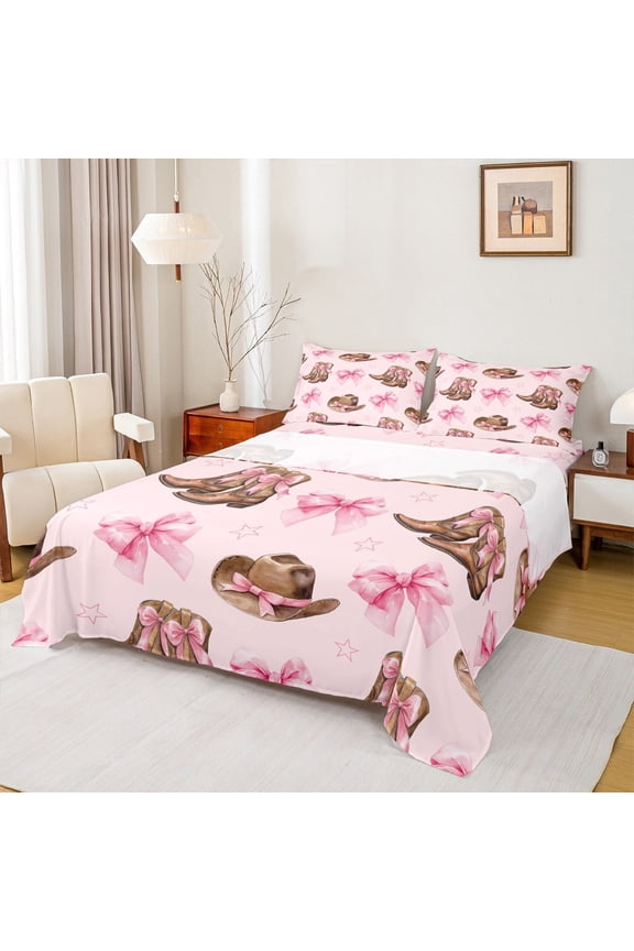 Southwest Cowgirl Boot Full Size Sheets,Pink Bowknot Bowtie Bed Sheets,Rustic Farmhouse Cabin Sheet Sets,Super Cozy Room Decor,4-Piece