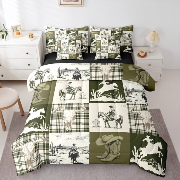 jejeloiu Southwest Farm Cowboy Bedding Comforter Set 7-Piece,Farmhouse Bull Skull King Bedding Sets,Green Geometric Plaid Bed Sheets For Adults,Super Cozy Room Decor Reversible
