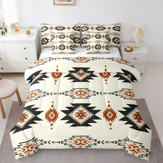 jejeloiu Southwestern Aztec Bedding Comforter Set 7 Pieces,Boho Bohemain Pattern Full Bedding Set,Beige Black Geometric Fitted Sheet Flat Sheet,Ultra Soft Bedroom Decor Reversible