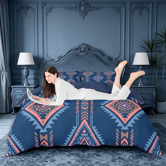 jejeloiu Southwestern Aztec Duvet Cover Queen For Men Women,Boho Pattern Queen Bedding,Navy Pink,Navy Blue Reversible,3-Piece,1 Duvet Cover and 2 Pillowcases
