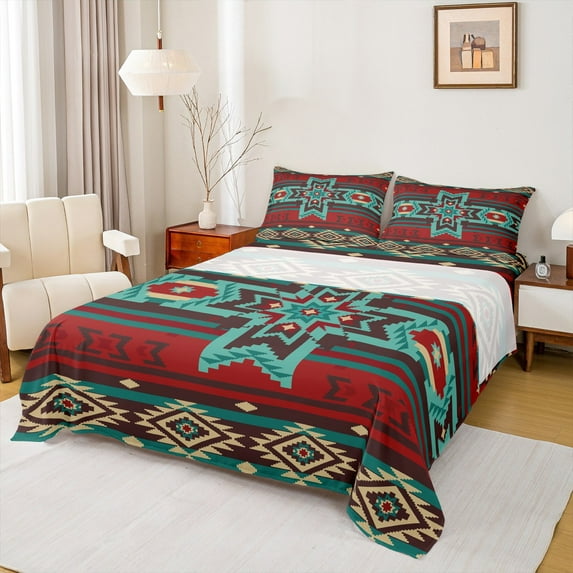 jejeloiu Southwestern Aztec Full Size Sheets,Boho Bohemain Pattern Bed Sheets,Red Retro Geometric Sheet Sets,Ultra Soft Bedroom Decor,4-Piece