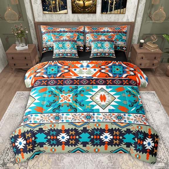 jejeloiu Southwestern Aztec Geometric 7-Piece Bedding Comforter Set,Abstract Boho Flower King Bedding Sets For Girls Boys Reversible