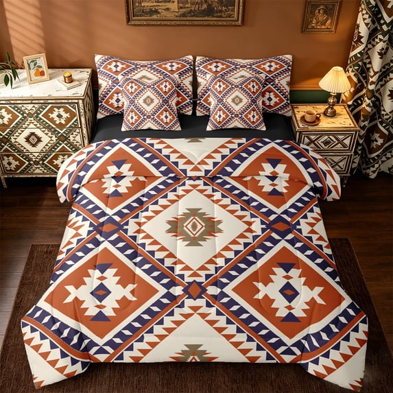 jejeloiu Southwestern Aztec Geometric 7-Piece Bedding Comforter Set,Rustic Western Boho King Bedding Sets,Orange Beige Triangle Rhombus Bed Sheets For Teens,Ultra Soft Home Decor Reversible