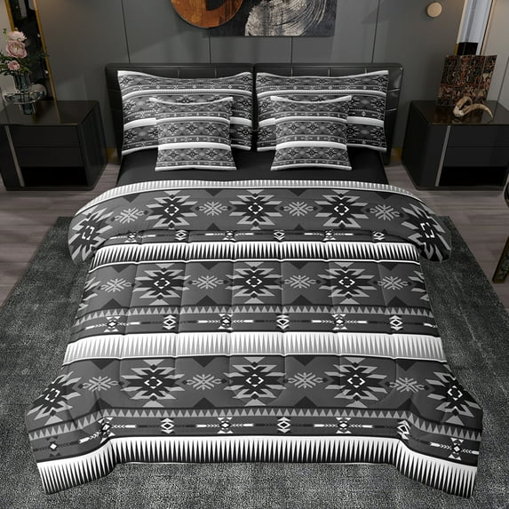 jejeloiu Southwestern Aztec Geometric 7-Piece Twin Bedding Sets,Boho Exotic Style Bedding Comforter Set,Gray Black Sheet Sets For Men Women,Super Cozy Room Decor Reversible