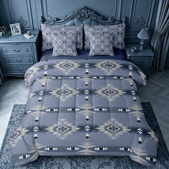 jejeloiu Southwestern Aztec Geometric 7-Piece Twin Bedding,Vintage Bohemian Exotic Style Bedding Comforter Set For Boys,Blue Gray,Navy Blue Reversible