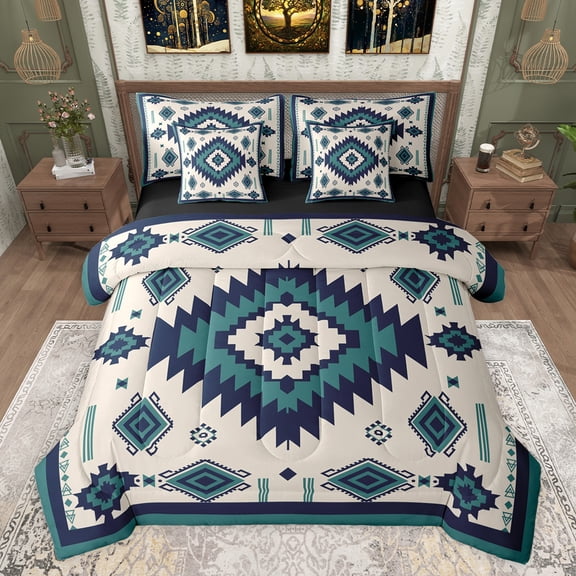 jejeloiu Southwestern Aztec Geometric 7pcs Bedding Comforter Set,Rustic Western Boho Queen Bedding Sets,Blue Black Triangle Rhombus Queen Sheet Sets For Teens,Ultra Soft Home Decor Reversible