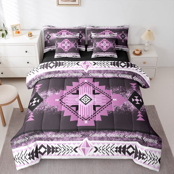 jejeloiu Southwestern Aztec Geometric 7pcs Bedding Comforter Set,Rustic Western Boho Queen Bedding Sets,Purple White Queen Sheet Sets For Teens,Ultra Soft Home Decor Reversible