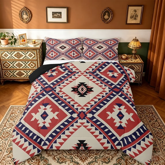 jejeloiu Southwestern Aztec Geometric Bedding Comforter Set,Rustic Western Boho Twin Comforter Sets,Beige Red Deepblue Bedding Set For Teens,Ultra Soft Home Decor Reversible,2-Piece