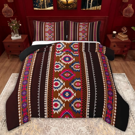jejeloiu Southwestern Aztec Geometric Full Size Comforter Sets,Red Brown Black Bedding Sets For Girls Boys Reversible 3pcs