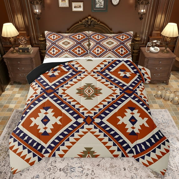 jejeloiu Southwestern Aztec Geometric Full Size Comforter Sets,Rustic Western Boho Bedding Comforter Set,Orange Beige Triangle Rhombus Bedding Sets For Teens,Ultra Soft Home Decor Reversible,3pcs