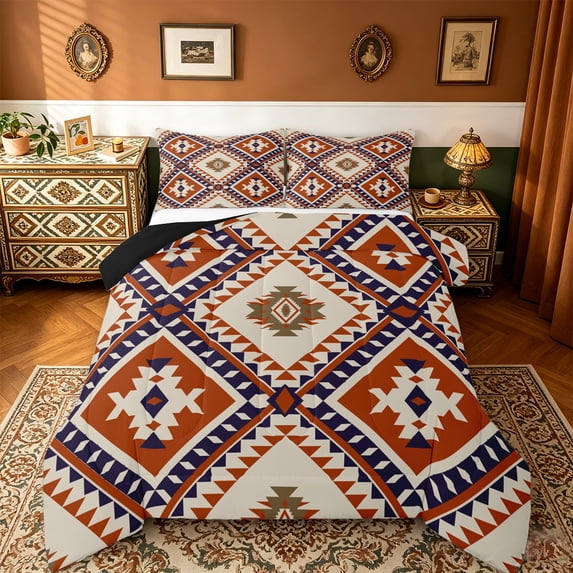 jejeloiu Southwestern Aztec Geometric Full Size Comforter Sets,Rustic Western Boho Bedding Comforter Set,Orange Beige Triangle Rhombus Bedding Sets For Teens,Ultra Soft Home Decor Reversible,3pcs