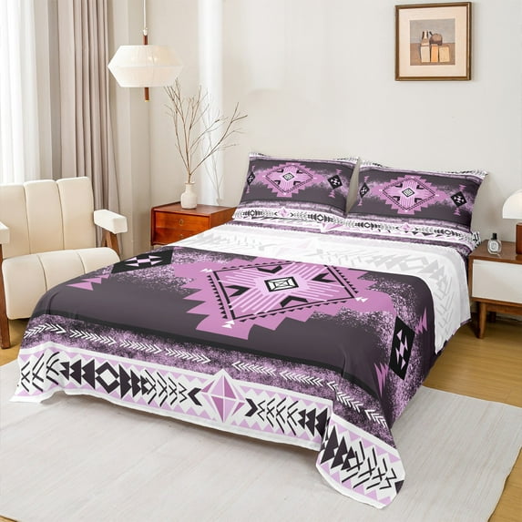 jejeloiu Southwestern Aztec Geometric Full Size Sheets,Rustic Western Boho Bed Sheets,Purple White Sheet Sets For Teens,Ultra Soft Home Decor,4-Piece