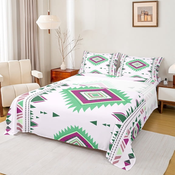 jejeloiu Southwestern Aztec Geometric Full Size Sheets,Rustic Western Boho Bed Sheets,White Green Sheet Sets For Teens,Ultra Soft Home Decor,4 Pieces