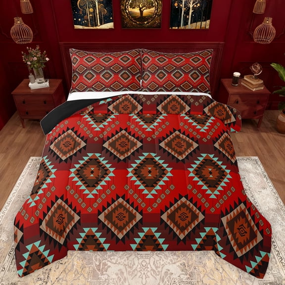jejeloiu Southwestern Aztec Geometric Queen Comforter Set,Boho Exotic Style Bedding Sets,Red Brown Bedding Comforter Set For Men Women,Super Cozy Room Decor Reversible,3-Piece