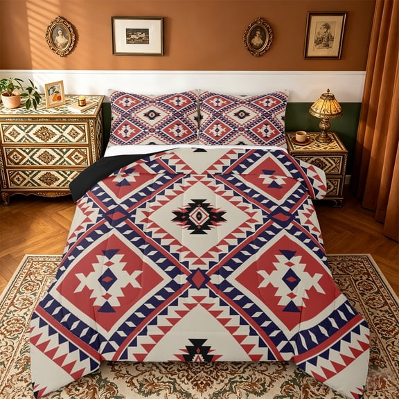 jejeloiu Southwestern Aztec Geometric Queen Comforter Set,Rustic Western Boho Bedding Sets,Beige Red Deepblue Bedding Comforter Set For Teens,Ultra Soft Home Decor Reversible,3pcs