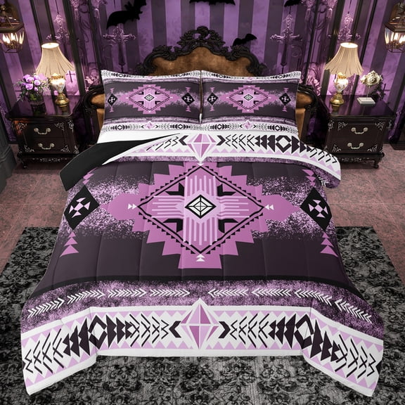 jejeloiu Southwestern Aztec Geometric Queen Comforter Set,Rustic Western Boho Bedding Sets,Purple White Bedding Comforter Set For Teens,Ultra Soft Home Decor Reversible,3 Pieces