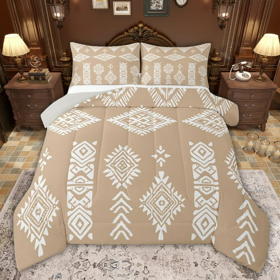 jejeloiu Southwestern Aztec Geometric Queen Comforter Set,White Orange Bedding Comforter Set For Girls Boys Reversible 3-Piece