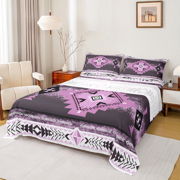 jejeloiu Southwestern Aztec Geometric Queen Sheet Sets,Rustic Western Boho Flat Sheet,Purple White Queen Fitted Sheet For Teens,Ultra Soft Home Decor,4 Pieces