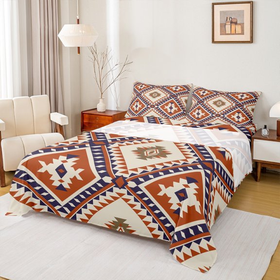 jejeloiu Southwestern Aztec Geometric Twin Sheet Sets,Rustic Western Boho Twin Fitted Sheet,Orange Beige Triangle Rhombus Flat Sheet For Teens,Ultra Soft Home Decor,3 Pieces