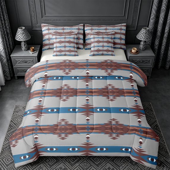 jejeloiu Southwestern Aztec Print 7-Piece Twin Bedding,Nautical Tribal Bedding Comforter Set For Boys,Blue Brown,Light Gray Reversible
