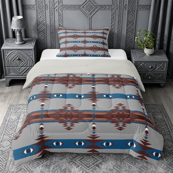 jejeloiu Southwestern Aztec Print Twin Comforter Sets,Nautical Tribal Bedding Set For Boys,Blue Brown,Light Gray Reversible,2pcs,1 Comforter and 1 Pillowcase