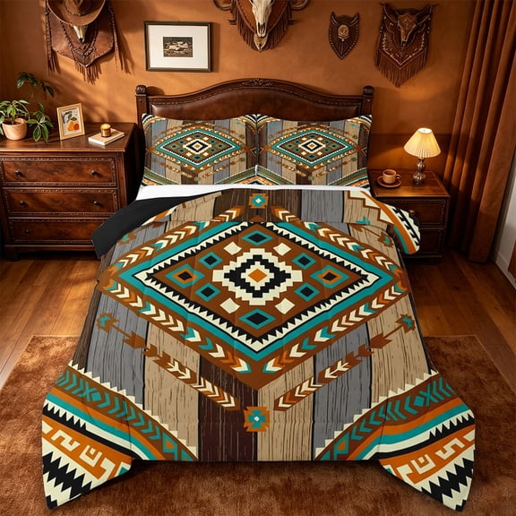 jejeloiu Southwestern Aztec Queen Comforter Set For Men Women,Tribal Pattern Comforter Sets Queen,Brown Turquoise,Black Reversible,3 Pieces,1 Comforter and 2 Pillowcases