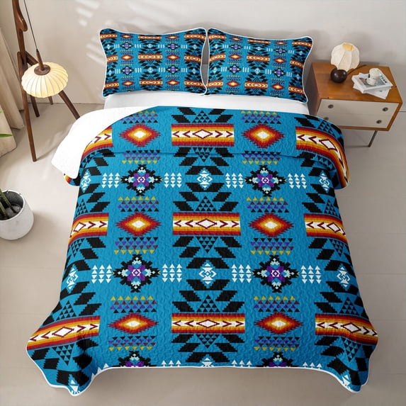 jejeloiu Southwestern Aztec Quilt Full,Tribal Pattern Full Bedspread Sets For Boys,Blue,3-Piece