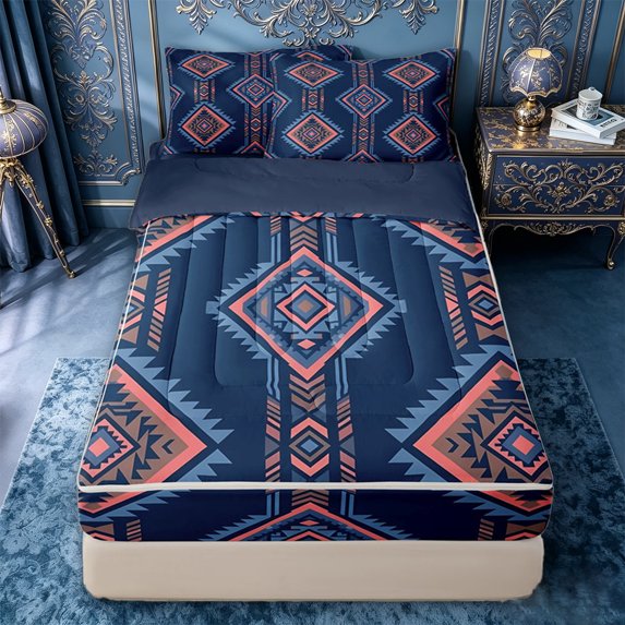 jejeloiu Southwestern Aztec Zipper Twin Comforter Sets with Fitted Sheet and 2 Pillowcases For Men Women,Boho Pattern Zipper Bedding Set,Navy Pink,Navy Blue Reversible,4-Piece