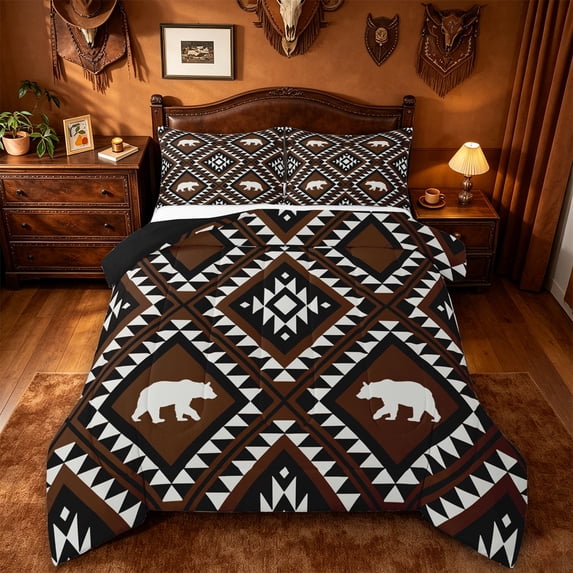 jejeloiu Southwestern Bear Full Size Comforter Sets,Aztec Print Bedding Comforter Set For Boys,Brown Black,Black Reversible,3 Pieces,1 Comforter and 2 Pillowcases