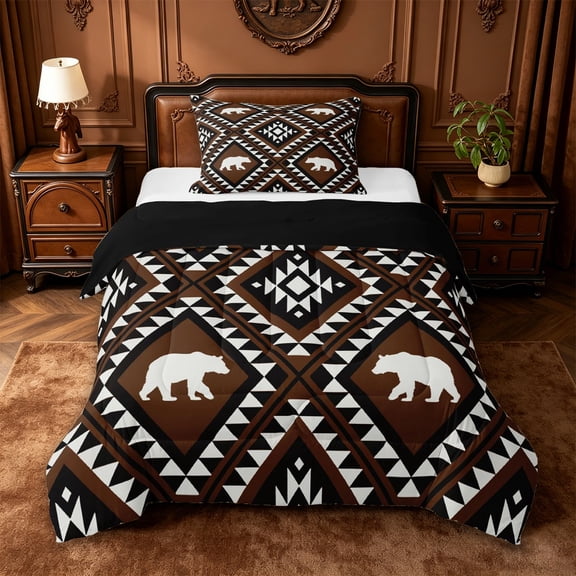 jejeloiu Southwestern Bear Twin Comforter Sets,Aztec Print Bedding Set For Boys,Brown Black,Black Reversible,2-Piece,1 Comforter and 1 Pillowcase