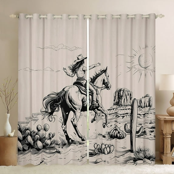 jejeloiu Southwestern Cowboys Black Out Curtains,Rustic Western Farmhouse Curtains Pack of 2 (42x63 Each),Brown Hand Drawn Bedroom Curtains For Men Women,Ultra Soft Home Decor