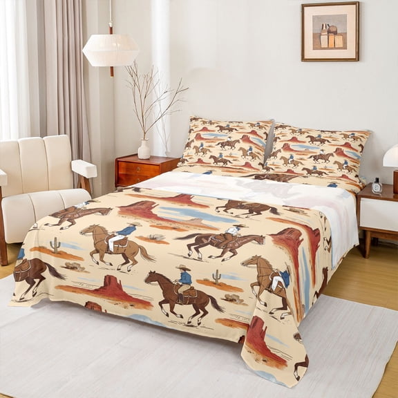 jejeloiu Southwestern Cowboys Twin Sheet Sets,Rustic Farmhouse Horse Bedding For Boys Kids 3 Pieces