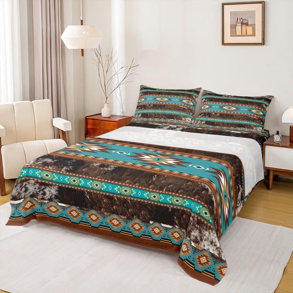 jejeloiu Southwestern Geometric Bed Sheets,Cowhide Pattern Full Size Sheets For Boys,Turquoise Brown,4 Pieces,1 Flat Sheet, 1 Fitted Sheet and 2 Pillowcases