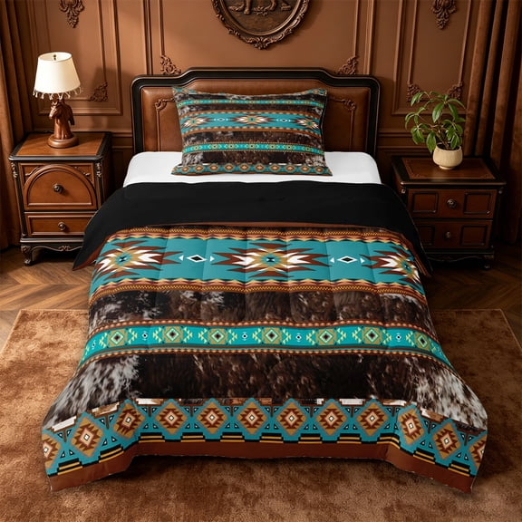 jejeloiu Southwestern Geometric Twin Comforter Sets,Cowhide Pattern Bedding Set For Boys,Turquoise Brown,Black Reversible,2-Piece,1 Comforter and 1 Pillowcase