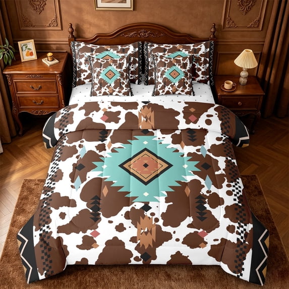 jejeloiu Southwestern Tribal 7-Piece Twin Bedding,Cowhide Print Bedding Comforter Set For Boys,Brown Turquoise,Reversible