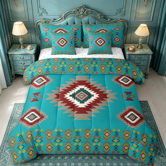 jejeloiu Southwestern Tribal 7-Piece Twin Bedding,Geometric Print Bedding Comforter Set For Boys,Turquoise Red,Reversible