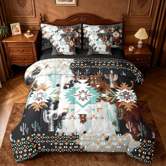 jejeloiu Southwestern Tribal 7 Pieces Full Size Bedding Sets,Cowhide Print Full Size Bed in a Bag For Boys,Black Turquoise,Black Reversible